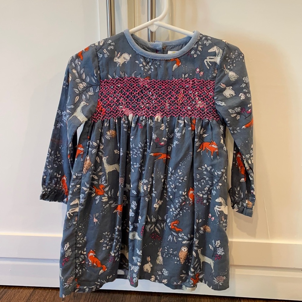 Mini Boden dress. Animal print, purple smocking.